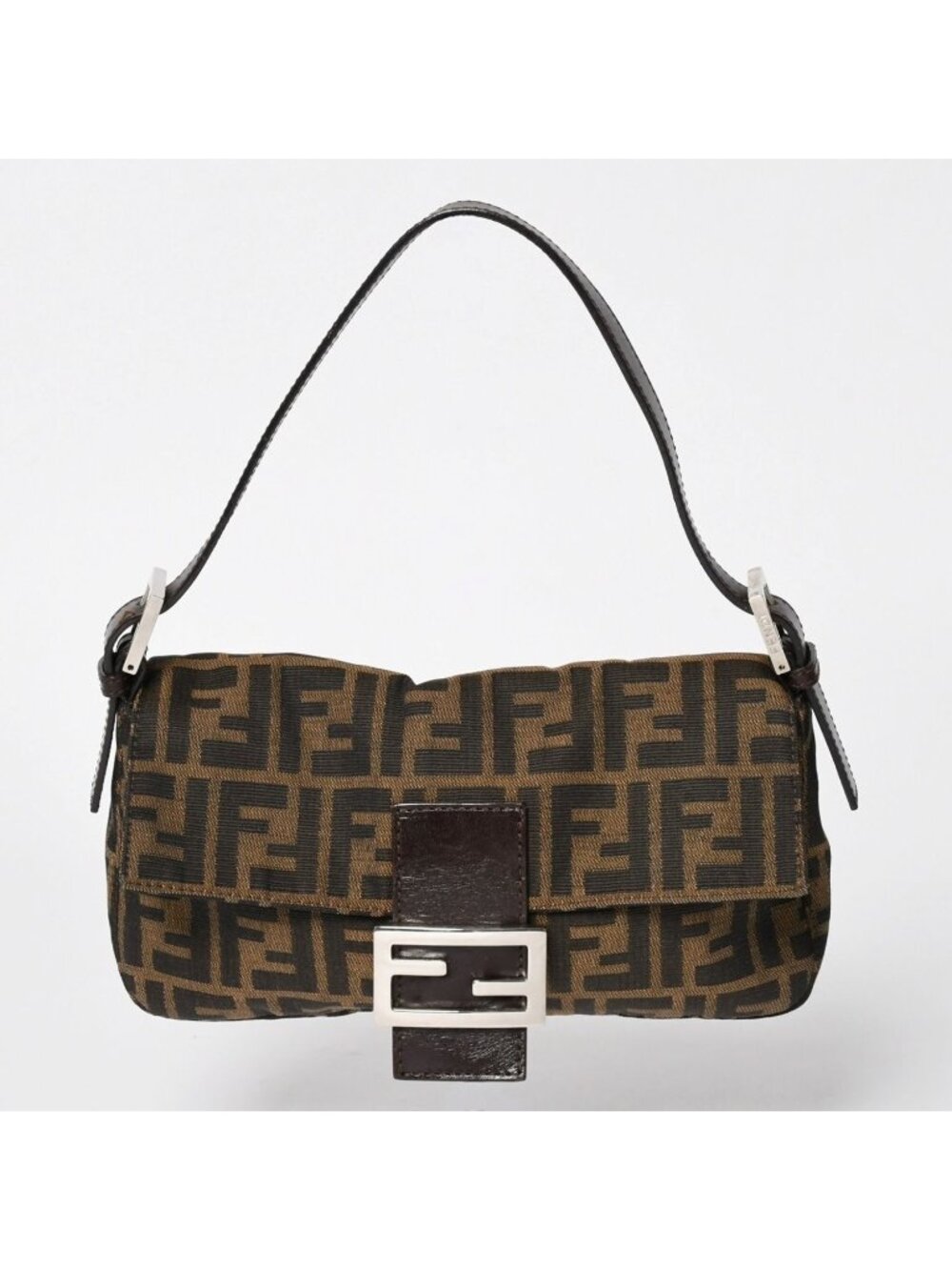 Fendi Mamma Baguette Bag Canvas Leather Brown Zucca Pattern Silver